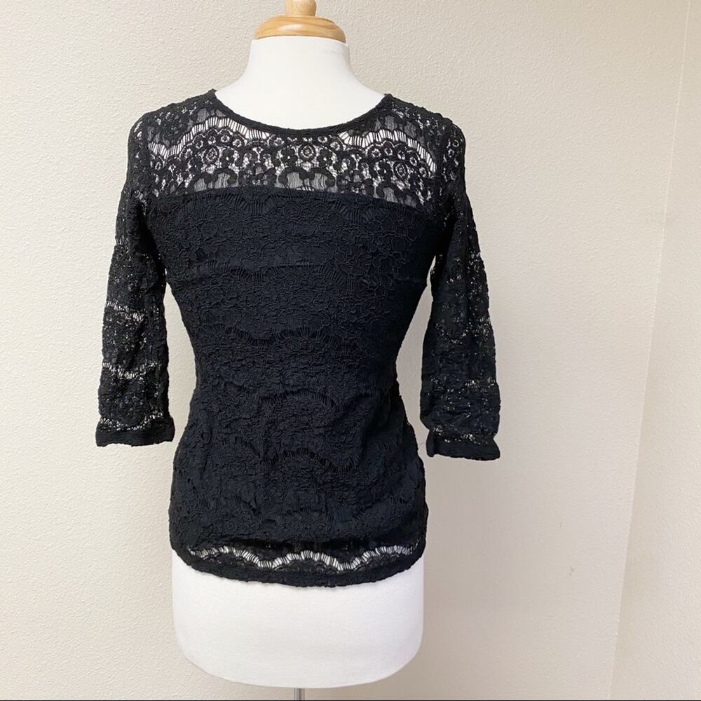 H&M Sheer Lace 3/4 Sleeve Top Black S